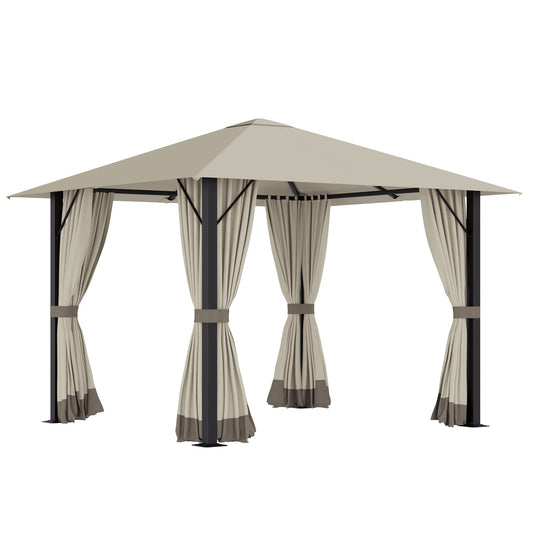 10' x 10' Patio Gazebo Outdoor Aluminum Frame Canopy Shelter with Curtains, Vented Roof for Garden, Lawn, Backyard and Deck, Khaki - Gallery Canada