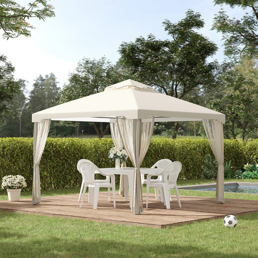 10' x 10' Patio Gazebo Outdoor Pavilion 2 Tire Roof Canopy Shelter Garden Event Party Tent Yard Sun Shade Steel Frame w/ Mosquito Netting Cream White - Gallery Canada