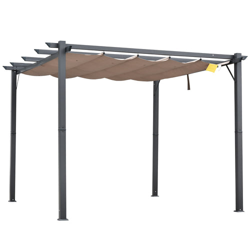 10' x 10' Retractable Roof Pergola, Patio Aluminium Pergola, Grape Trellis Sunshade Shelter, Grey Frame,Coffee Brown