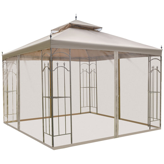 10' x 10' Steel Outdoor Patio Gazebo Canopy with Removable Mesh Curtains, Display Shelves, &; Steel Frame, Brown - Gallery Canada