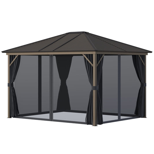 10' x 12' Deluxe Hardtop Gazebo with Metal Roof, Aluminum Frame Patio Gazebo Garden Sun Shelter Outdoor Pavilion with Curtains and Netting, Grey - Gallery Canada