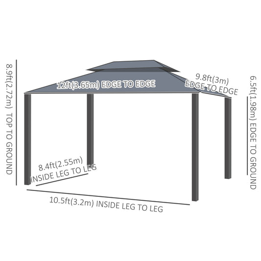 10' x 12' Hardtop Gazebo, Aluminum Frame Garden Sun Shelter with Double Tier Metal Roof, Mosquito Netting, Curtains, and Hanging Hook, Brown - Gallery Canada