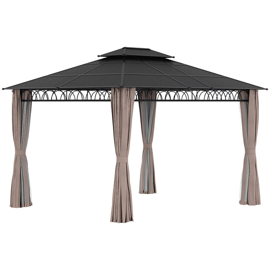 10' x 12' Outdoor Gazebo Canopy, Double Roof Hardtop Gazebo with Polycarbonate Roof, Steel Frame, Nettings and Curtains, for Garden, Lawn, Backyard and Deck, Khaki - Gallery Canada