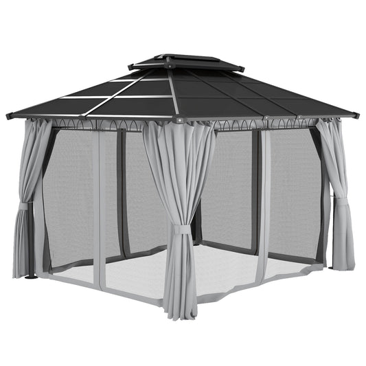 10' x 12' Outdoor Hardtop Gazebo Canopy w/ Double PC Roof, Steel Frame, Nettings, Curtains for Garden Lawn Deck, Grey - Gallery Canada