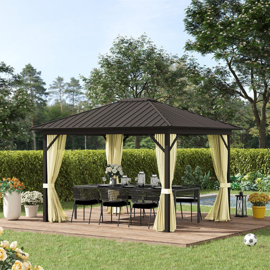 10' x 12' Outdoor Hardtop Gazebo Metal Roof Patio Gazebo with Aluminum Frame, Mesh Nettings, Curtains and Roomy Interior Space, Beige - Gallery Canada