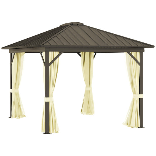 10' x 12' Outdoor Hardtop Gazebo Metal Roof Patio Gazebo with Aluminum Frame, Mesh Nettings, Curtains and Roomy Interior Space, Beige - Gallery Canada