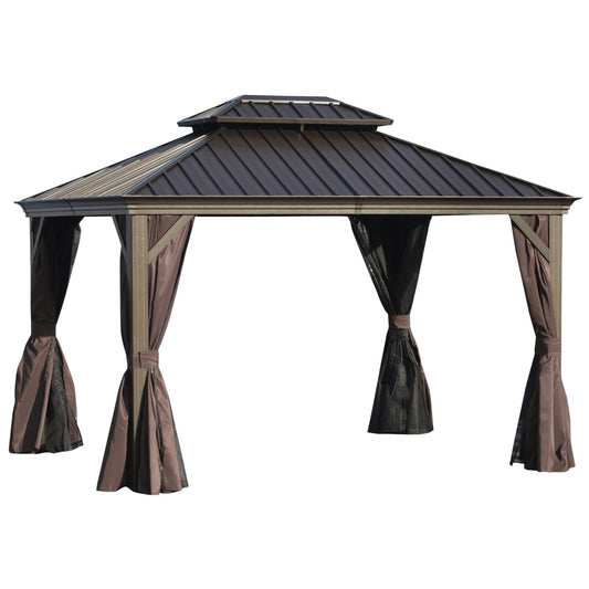 10' x 12' Outdoor Hardtop Gazebo with Galvanized Steel Canopy &; Netting Sidewalls for Lawn, Backyard, Brown - Gallery Canada