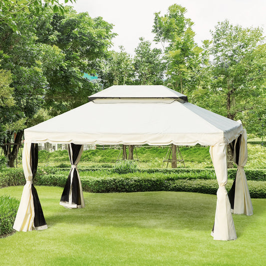 10 x 13ft Aluminum Frame Gazebo Canopy Double Tier Garden Shelter with Netting and Curtains, Cream White - Gallery Canada