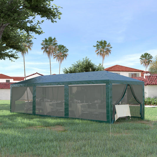 10' x 28' Outdoor Canopy, Party Tent, Garden Sun Shade with 8 Mosquito Mesh Netting and Zipper Door, Green - Gallery Canada