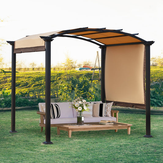 10' x 8' Outdoor Retractable Canopy Pergola Steel Frame Patio Pergola Shelter Sun Shade with Arc Roof, Beige - Gallery Canada