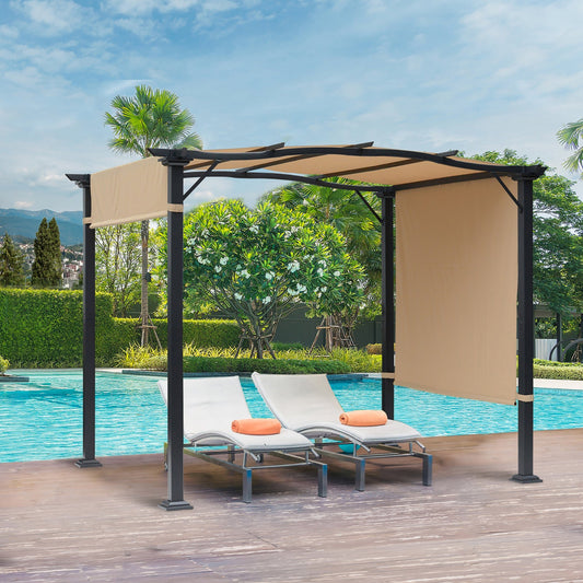 10' x 8' Outdoor Retractable Pergola Garden Gazebo with Two Adjustable Side Canopy Overhead Sun Shade Backyard Canopy Cover Khaki - Gallery Canada