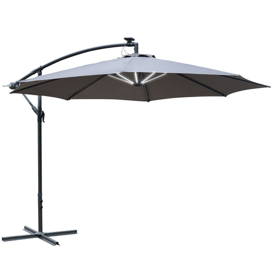 10ft Cantilever Solar Hanging Offset Umbrella LED Lights Market Parasol Crank w/Cross Base Grey - Gallery Canada