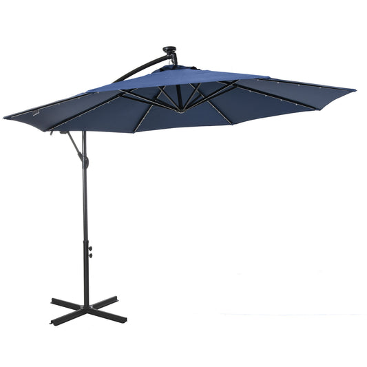 10ft Outdoor Cantilever Umbrella with Solar Lights Banana Umbrella with Adjustable Angle for Patio Backyard Navy Blue - Gallery Canada