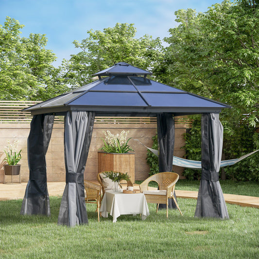 10'x10' Hardtop Patio Gazebo Aluminum Gazebo Deck Canopy with Double Tier Roof, Curtains, Netting Sidewalls, Black &; Grey - Gallery Canada
