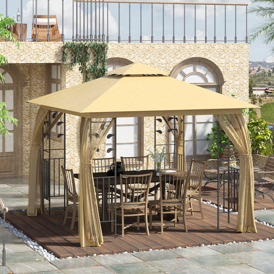10'x10' Soft-top Steel Patio Gazebo Outdoor Sun Shelter with 2-Tier Polyester Roof, Curtain Sidewalls, Beige - Gallery Canada