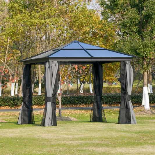 10x10ft Hardtop Gazebo with Aluminum Frame, Polycarbonate Gazebo Canopy with Curtains and Netting - Gallery Canada