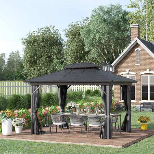 10'x12' Hardtop Aluminum Gazebo Garden Sun Shelter with Mosquito Netting and Curtains Hanging Hook, Black - Gallery Canada