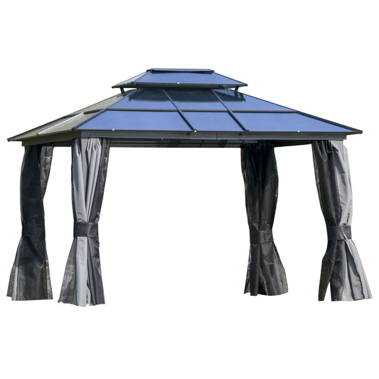 10'x12' Hardtop Patio Gazebo Aluminum Gazebo Canopy with Double Tier Roof, Curtains, Netting Sidewalls, Black &; Grey - Gallery Canada