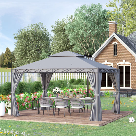 10'x13' Soft-top Patio Gazebo Double-Tiered covered Steel Gazebo with Curtain, Grey - Gallery Canada