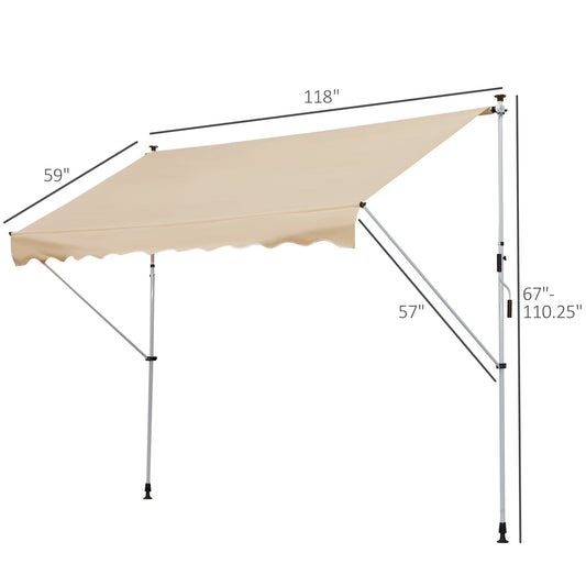 10x5ft Manual Retractable Awning, Patio Sun Shade Canopy Shelter with 5.6-9.2ft Support Pole, Water Resistant UV Protector, for Window, Door, Porch, Deck, Beige - Gallery Canada