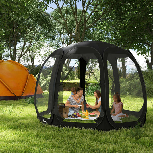 11' x 11.5' Screen Tent, Pop Up Camping Gazebo with Portable Carry Bag and 2 Doors, Black - Gallery Canada