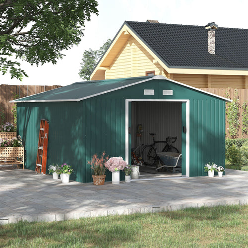 11' x 13' Practical Backyard Garden Storage Tool Shed Double Sliding Door 4 Ventilation Slots, Green