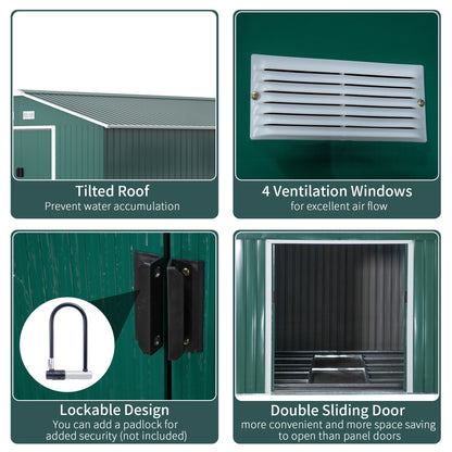 11' x 13' Practical Backyard Garden Storage Tool Shed Double Sliding Door 4 Ventilation Slots, Green - Gallery Canada