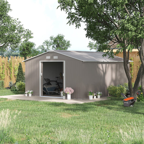11' x 13' Practical Backyard Garden Storage Tool Shed Double Sliding Door 4 Ventilation Slots, Light Grey
