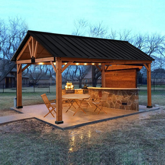 11' x 13' Wooden Gazebo Canopy Outdoor Sun Shade Shelter w/ Steel Roof, Solid Wood, Black &; Natural - Gallery Canada