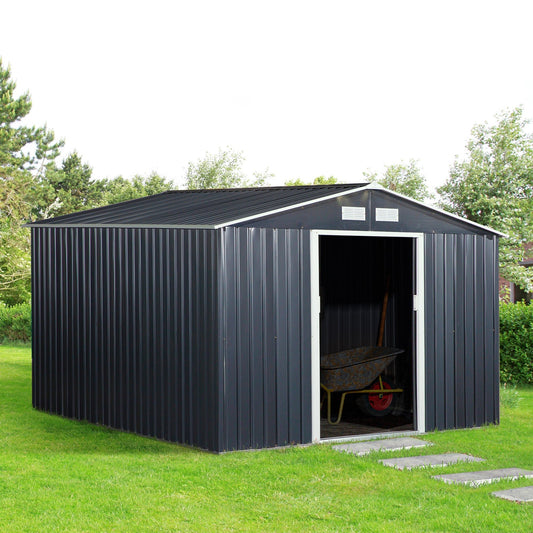 11' x 9' Metal Storage Shed Garden Tool House with Double Sliding Doors, 4 Air Vents for Backyard, Patio, Lawn Dark Grey - Gallery Canada