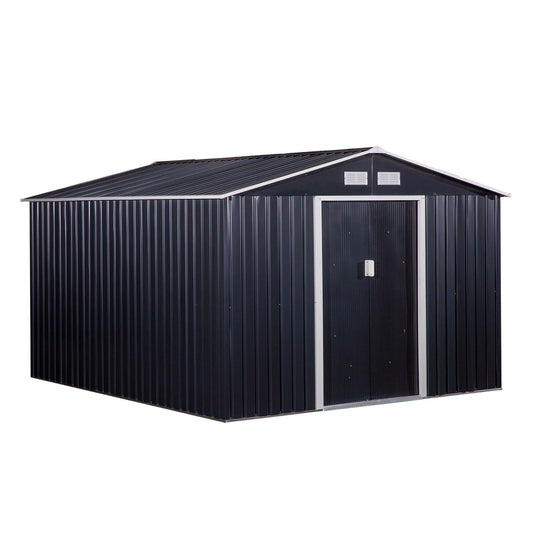 11' x 9' Metal Storage Shed Garden Tool House with Double Sliding Doors, 4 Air Vents for Backyard, Patio, Lawn Dark Grey - Gallery Canada