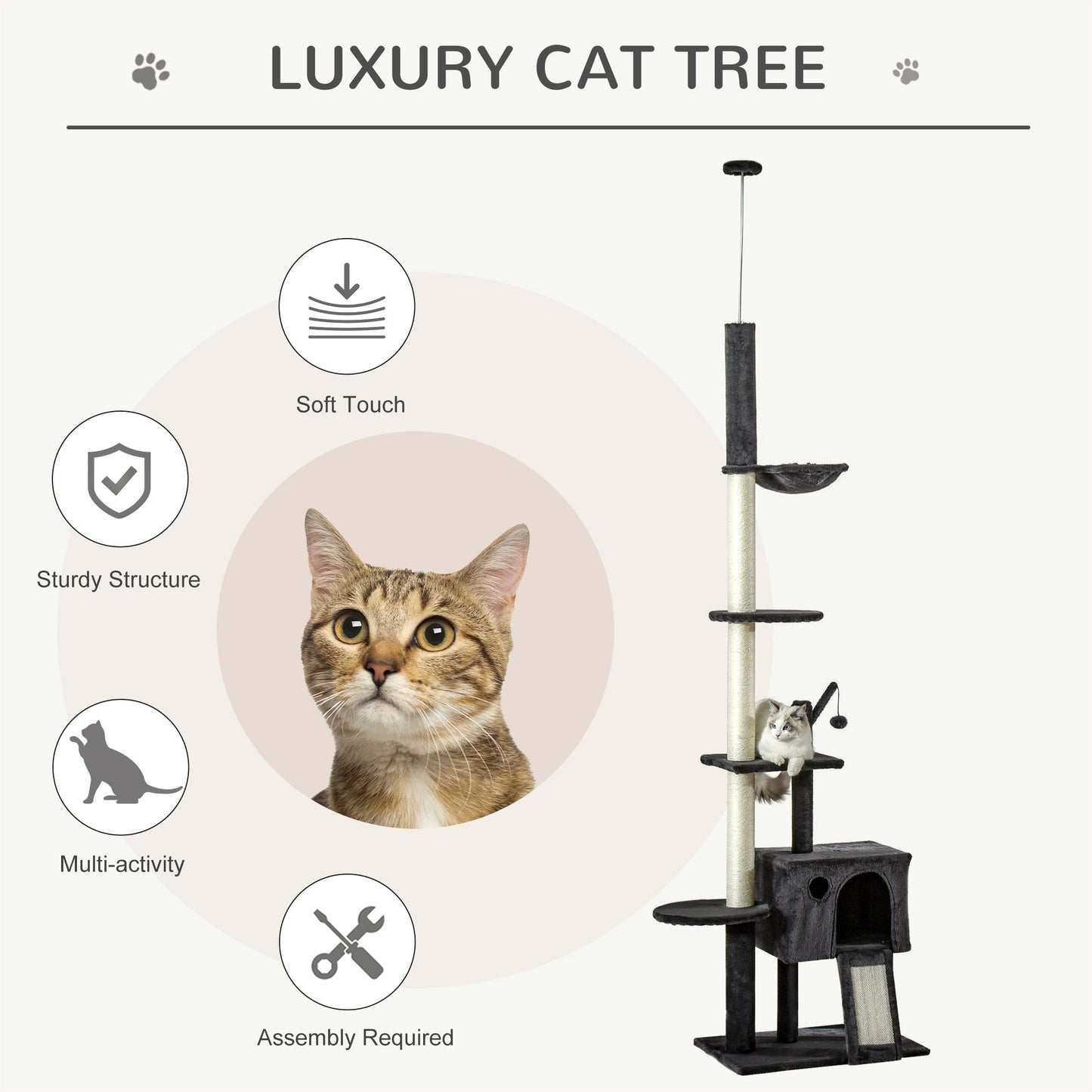 110" Huge Cat Tree Kitty Activity Center Floor-to-Ceiling Cat Climbing Toy with Scratching Post Board Hammock Hanging Ball Rest Pet Furniture Dark Grey - Gallery Canada