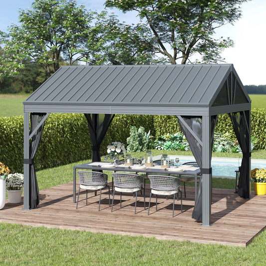 12' x 10' Hardtop Gazebo Steel Canopy Outdoor Pergola with Netting and Aluminum Frame for Patios, Gardens, Lawns, Dark Grey - Gallery Canada