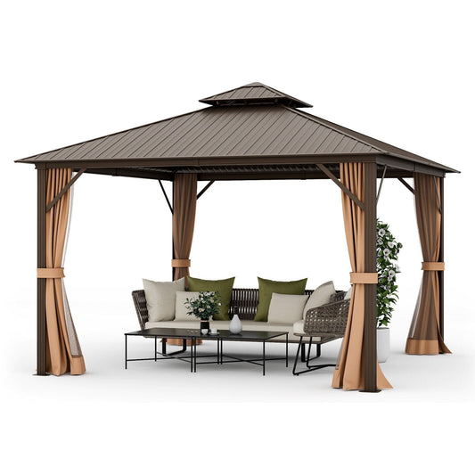 12 x 12 Feet Double-Roof Patio Hardtop Gazebo with Galvanized Steel Roof Netting and Curtains at Gallery Canada