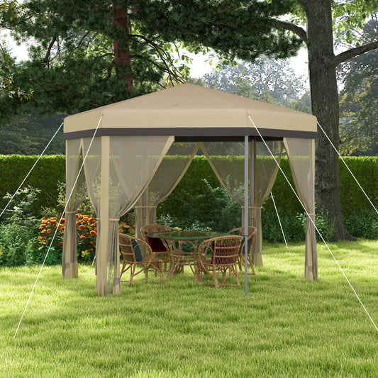 12'x12' Pop Up Canopy, Hexagon Gazebo with Netting, Carry Bag, Height Adjustable Instant Shelter, Khaki - Gallery Canada
