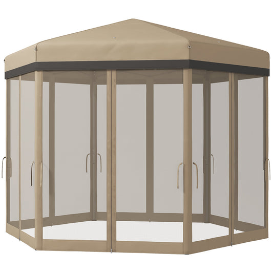 12'x12' Pop Up Canopy, Hexagon Gazebo with Netting, Carry Bag, Height Adjustable Instant Shelter, Khaki - Gallery Canada