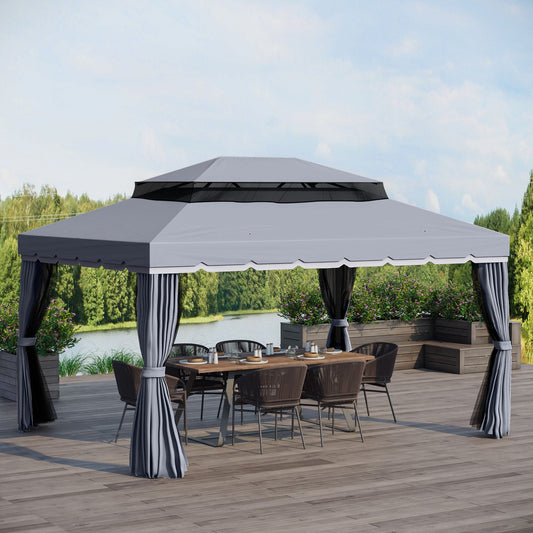 13' x 10' Patio Gazebo, Double Roof Outdoor Gazebo Canopy Shelter with Netting &; Curtains, Strong Aluminum Frame, Dark Grey - Gallery Canada