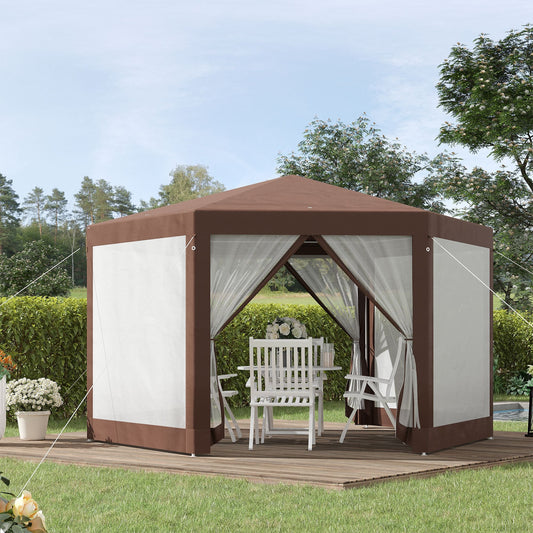 13' x 11' Hexagonal Party Tent, Canopy Tent with Nettings, Zipped Doors for Garden, Patio, Outdoor, Brown - Gallery Canada