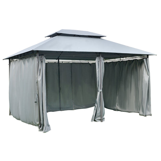13'L x 10'W x 8.7'H Patio Gazebo Outdoor 2-Tiers Garden Canopy Yard Sunshade Shelter with Curtains, Grey - Gallery Canada