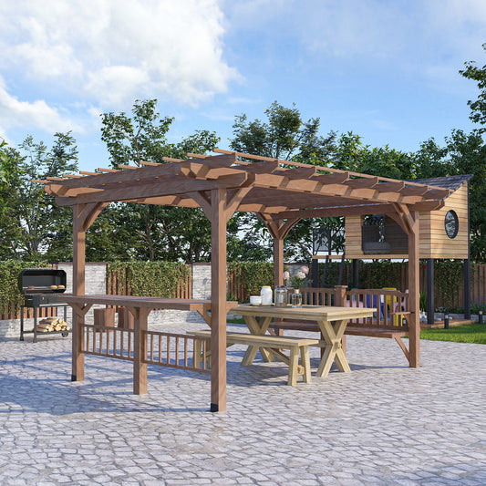 14' x 10' Outdoor Pergola, Wooden Gazebo Grill Canopy with Bar Counters and Seating Benches, for Garden, Patio, Backyard, Deck - Gallery Canada