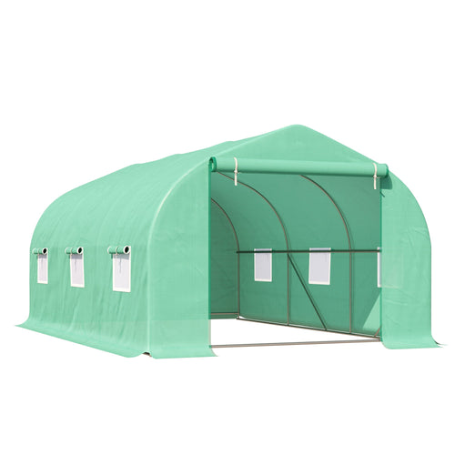 15' x 10' x 7' Walk-in Greenhouse Outdoor Plant Tunnel Warm Hot House w/ Roll Up Door and 6 Mesh Windows, Steel Frame, Green