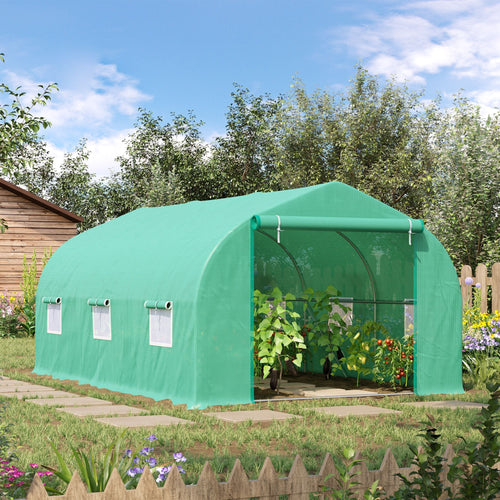 15' x 10' x 7' Walk-in Greenhouse Outdoor Plant Tunnel Warm Hot House w/ Roll Up Door and 6 Mesh Windows, Steel Frame, Green