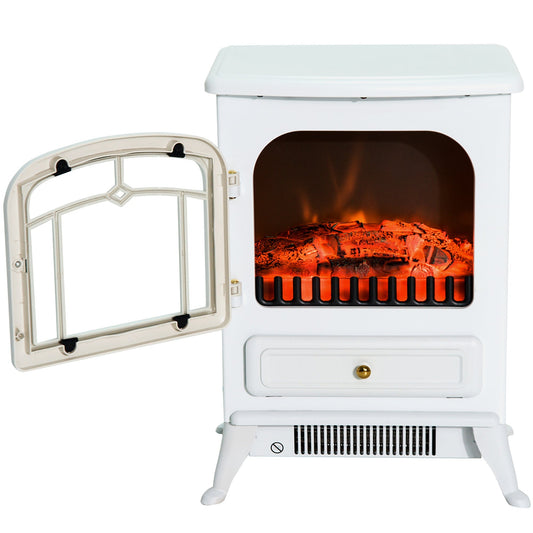 16" Free Standing Electric Fireplace Portable Adjustable Stove with Heater Wood Burning Flame 750/1500W White - Gallery Canada