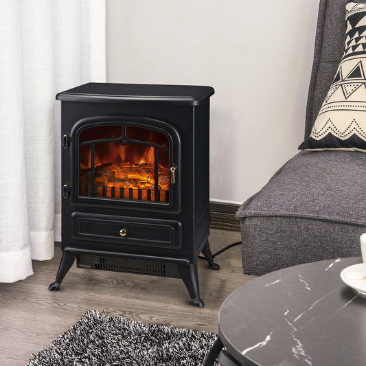 16" Freestanding Electric Fireplace Heater Fire Stove with Wood Burning Flame 750/1500W Black - Gallery Canada