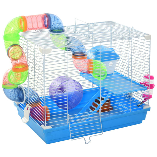 18"L Hamster Cage, Small Animal House, 2-Level Rat Gerbil Haven with Tunnel Tube System, Exercise Wheel, Water Bottle, Food Dish, Ramp, Blue - Gallery Canada