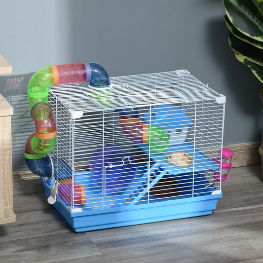 18"L Hamster Cage, Small Animal House, 2-Level Rat Gerbil Haven with Tunnel Tube System, Exercise Wheel, Water Bottle, Food Dish, Ramp, Blue - Gallery Canada
