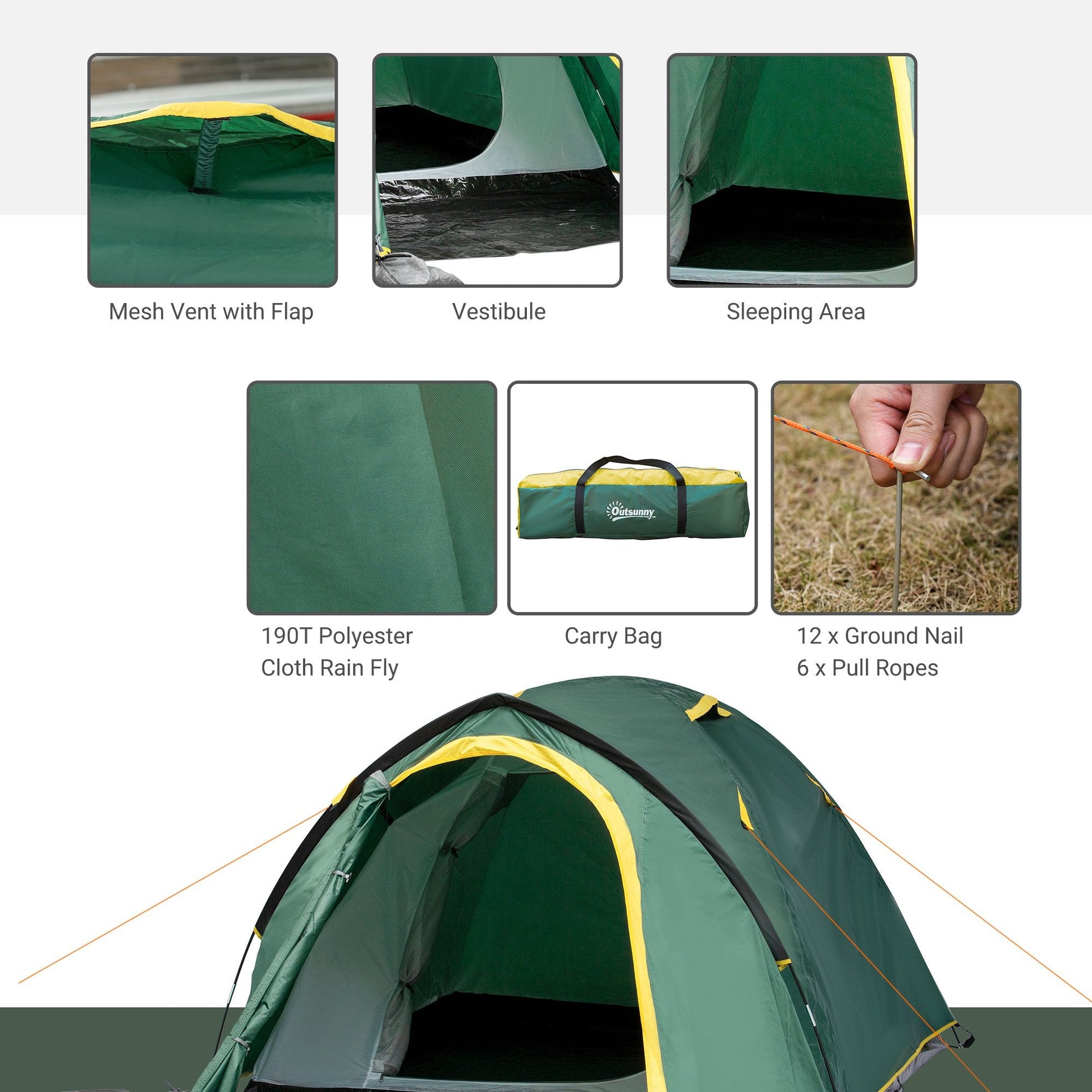 2-3 Person Camping Tent with Weatherproof Vestibule, 2 Rooms, Backpacking Tent with 2 Mesh Windows, Lightweight for Fishing &; Hiking, Green - Gallery Canada