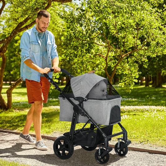2 in 1 Dog Stroller with Detachable Carriage Bag, Adjustable Canopy, Safety Leashes, Storage Basket for S Dogs, Grey - Gallery Canada