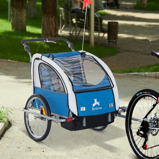 2-in-1 Double Baby Bike Trailer Child Bike Stroller Foldable Jogger Bicycle Trailer, Blue &; Grey - Gallery Canada