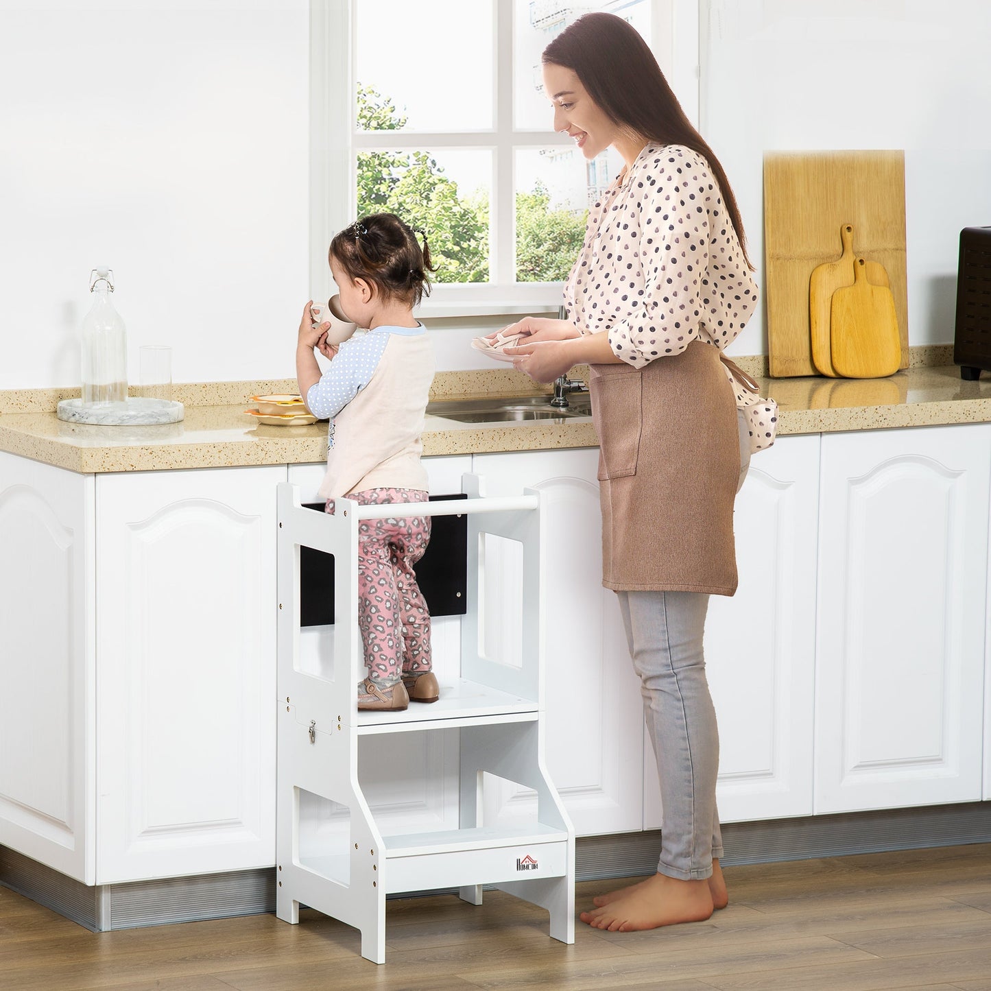2-in-1 Kids Kitchen Helper Step Stool, Detachable Toddler Table and Chair Set, Children Standing Tower for Kitchen Counter with Safety Rail Chalkboard, White at Gallery Canada